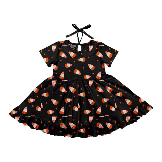 (Custom Design Preorder MOQ 5) Candy Print Girls Halloween Knee Length Dress