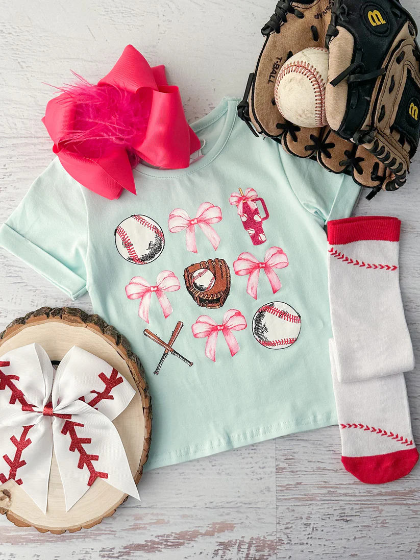 (Custom Design Preorder MOQ 5 ) Baseball Bows Print Girls Summer Tee Shirts Top