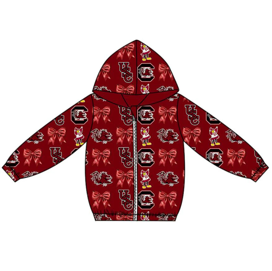 (Custom Design Preorder MOQ 5 Each Item)Team's Gamecock Bows Wine Print Girls Matching Clothes
