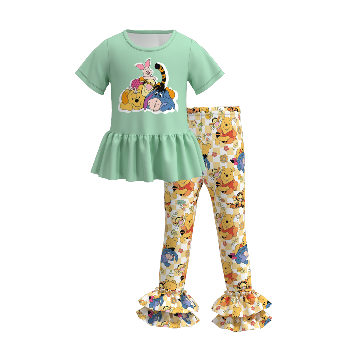 (Custom Design Preorder MOQ 5) Cartoon Bear Green Top Flowers Pants Girls Clothes Set