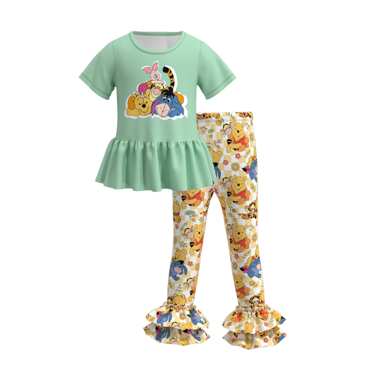 (Custom Design Preorder MOQ 5) Cartoon Bear Green Top Flowers Pants Girls Clothes Set