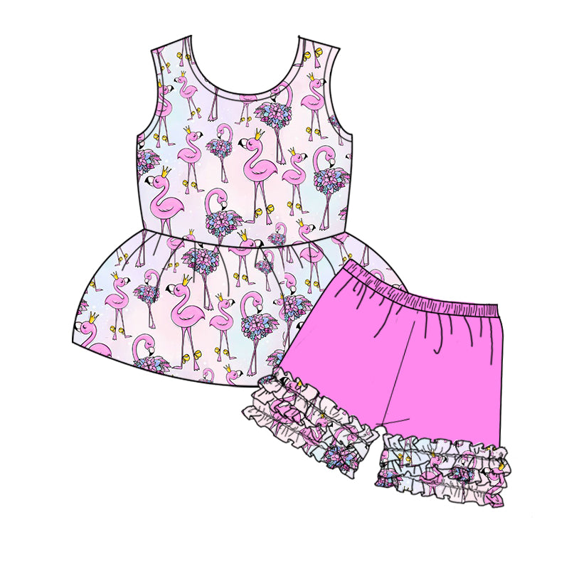 (Custom Design MOQ 5) Pink Flamingo Print Girls Summer Clothes Set