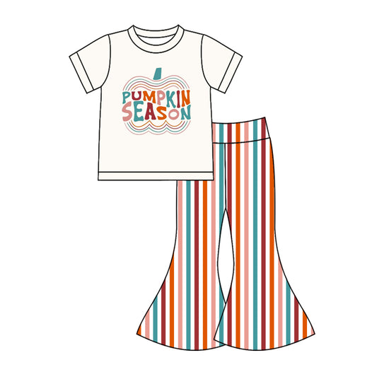 5.1(Custom Design Preorder MOQ 5) Pumpkin Season Top Stripes Bell Pants Girls Fall Clothes Set
