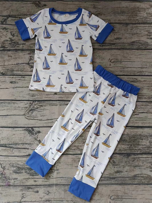 (Custom Design Preorder MOQ 5)  Sailboat Print Boys Pajamas Clothes Set