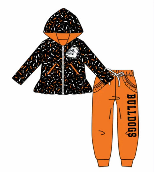 (Custom Design Preorder MOQ 5) Team's BULLDOGS Zipper Hoodie Top Pockets Pants Girls Fall Clothes Set