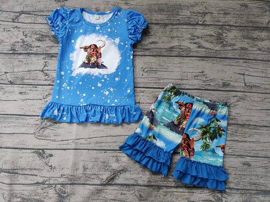 (Custom Design Preorder MOQ 5) Cartoon Figure Blue Top Ruffle Shorts Girls Summer Clothes Set