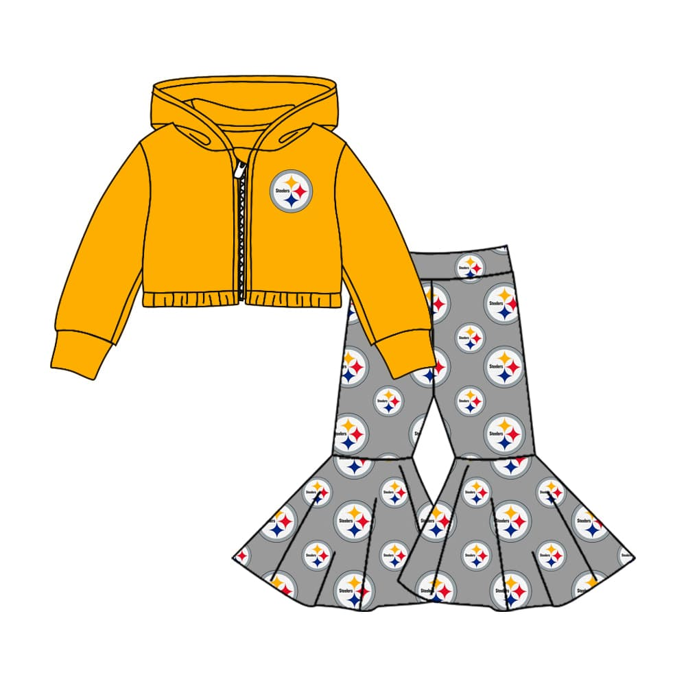 (Custom Design Preorder MOQ 5 ) Football Team's STEELERS Jacket Zipper Hoodie Top Bell Pants Girls Clothes Set