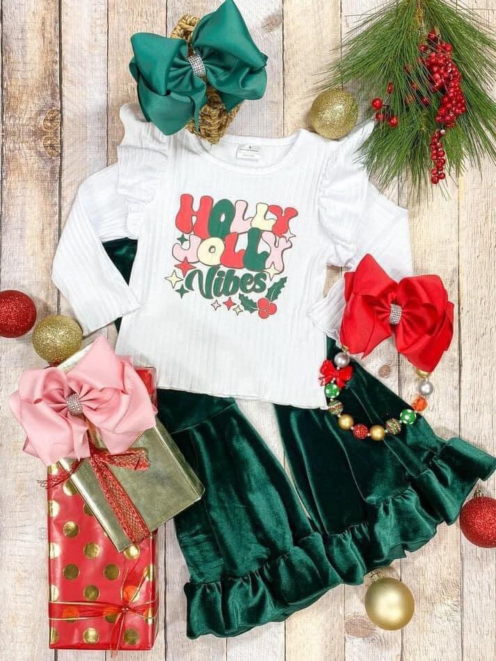 (Pre-order)GLP2096 Holly Jolly Vibes Top Green Velvet Bell Pants Girls Christmas Clothes Set