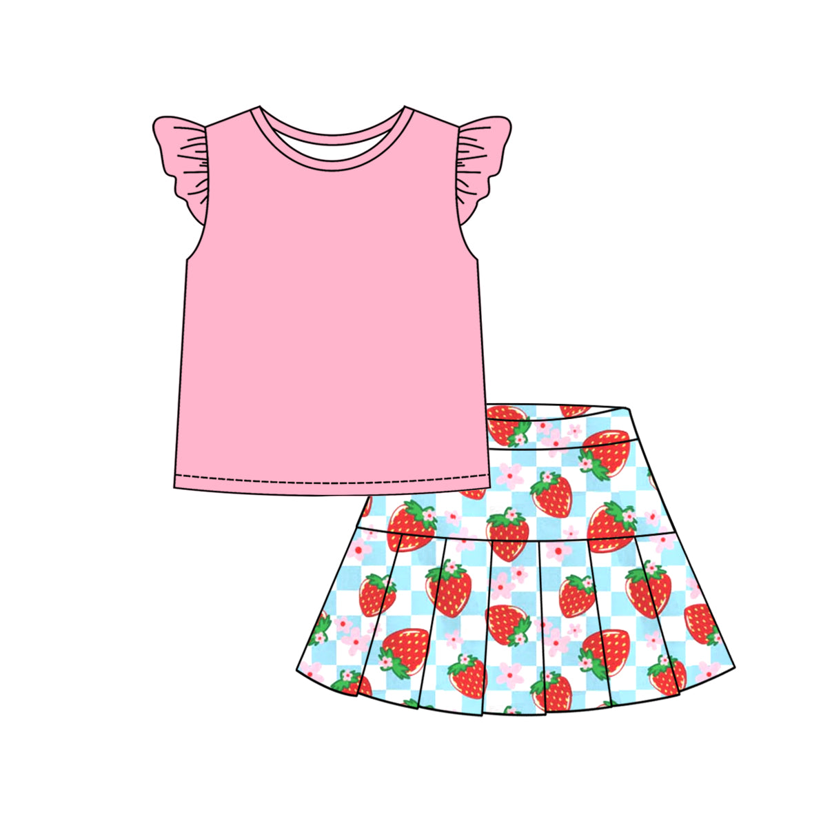 3.7(Custom Design Preorder MOQ 5 Each Design) Pink Top Strawberry Shorts Skirts Girls Summer Matching Clothes Sisters Wear