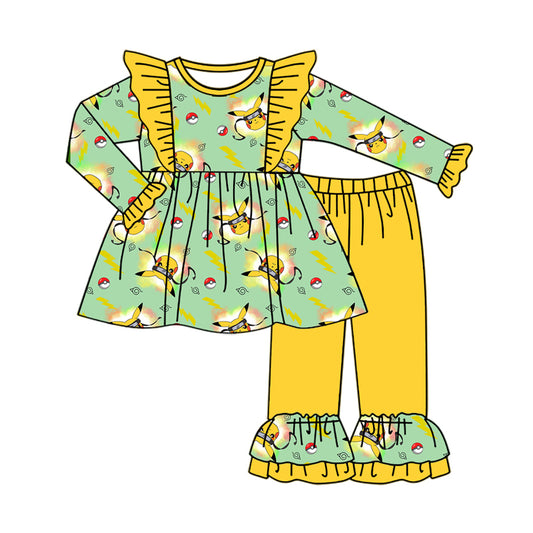 (Custom Design Preorder MOQ 5) Cartoon Animals Green Tunic Top Yellow Pants Girls Fall Clothes Set