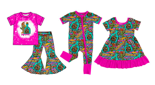 5.22(Custom Design Preorder MOQ 5 Each Design) TEQUILA Cactus Flowers Print Girls Western Matching Clothes Sisters Wear
