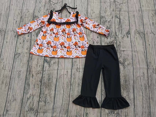 (Custom Design Preorder MOQ 5) Pumpkin Girl Bat Tunic Top Black Pants Girls Halloween Clothes Set