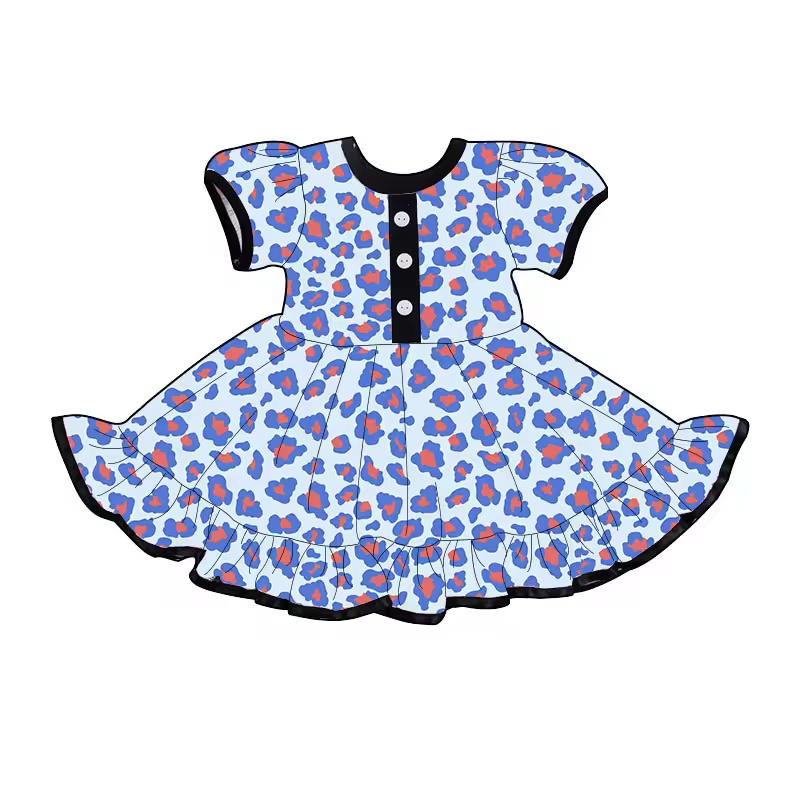 (Custom Design Preorder MOQ 5) Blue Red Leopard Print Girls Knee Length Summer Dress