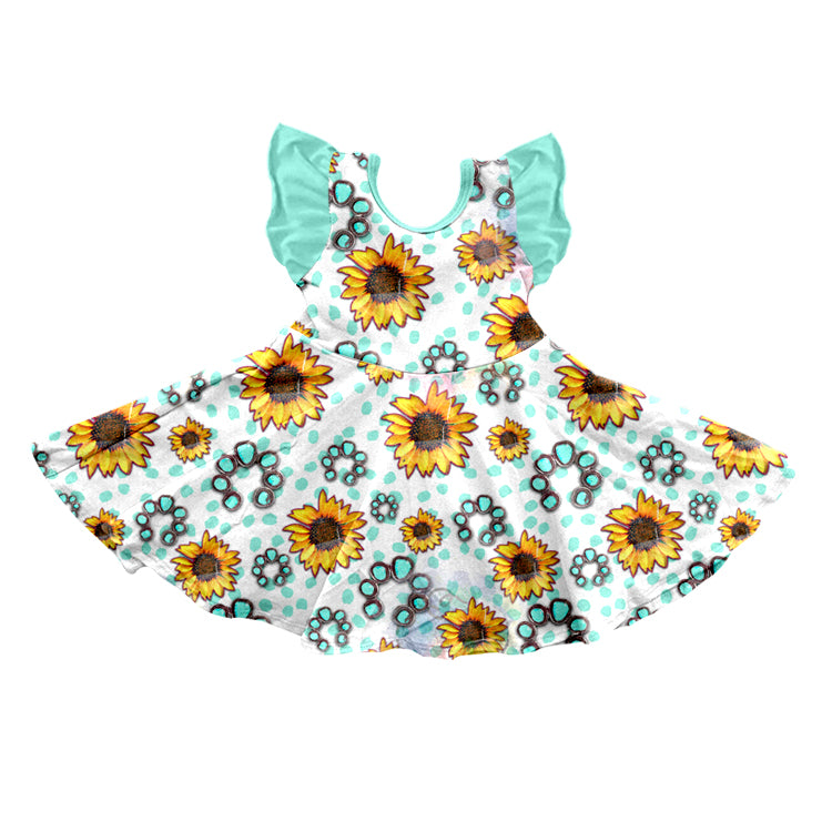 (Custom Design Preorder MOQ 5) Turquoise Sunflowers Print Girls Knee Length Summer Dress