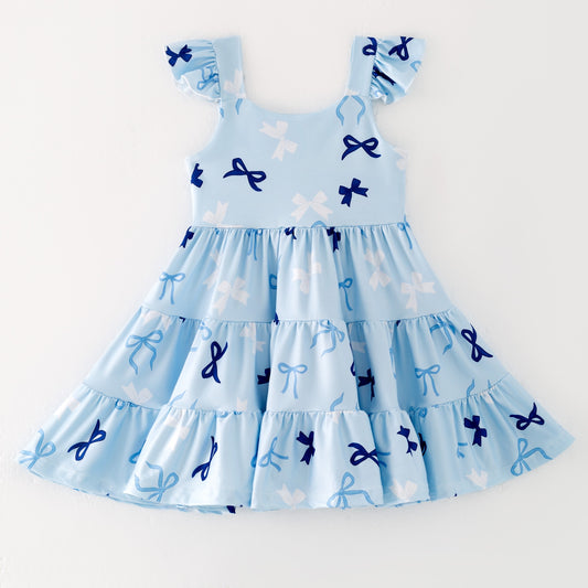 (Custom Design Preorder MOQ 5 ) Blue Bows Print Girls Summer Knee Length Dress