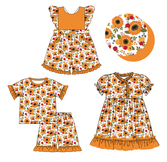 12.10(Custom Design Preorder MOQ 5 Each Design) Sunflowers Print Girls Summer Matching Clothes Sisters Wear