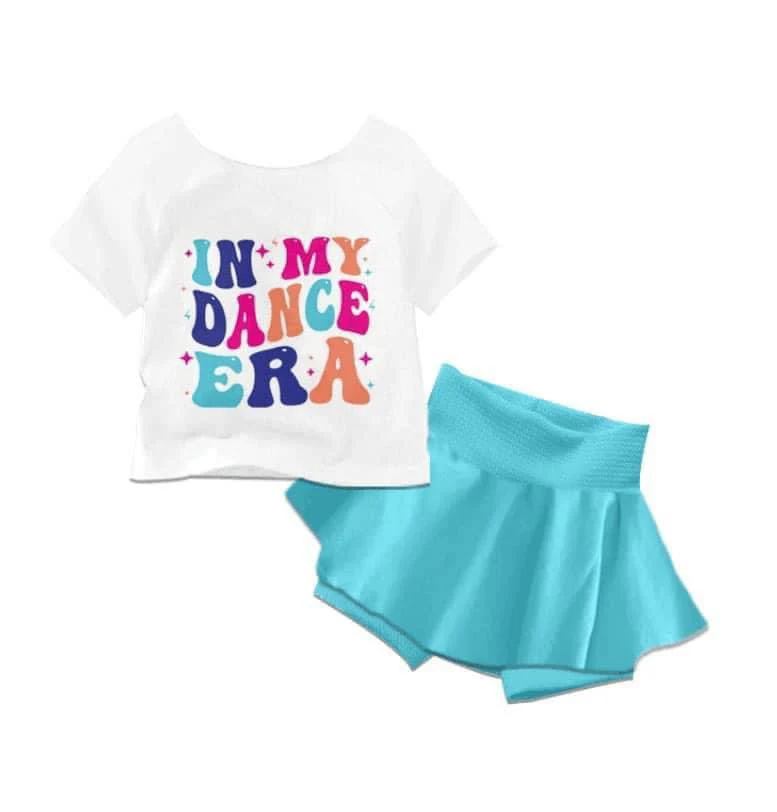 (Custom Design Preorder MOQ 5) IN MY DANCE ERA Print Girls Blue Skirts Shorts Clothes Set