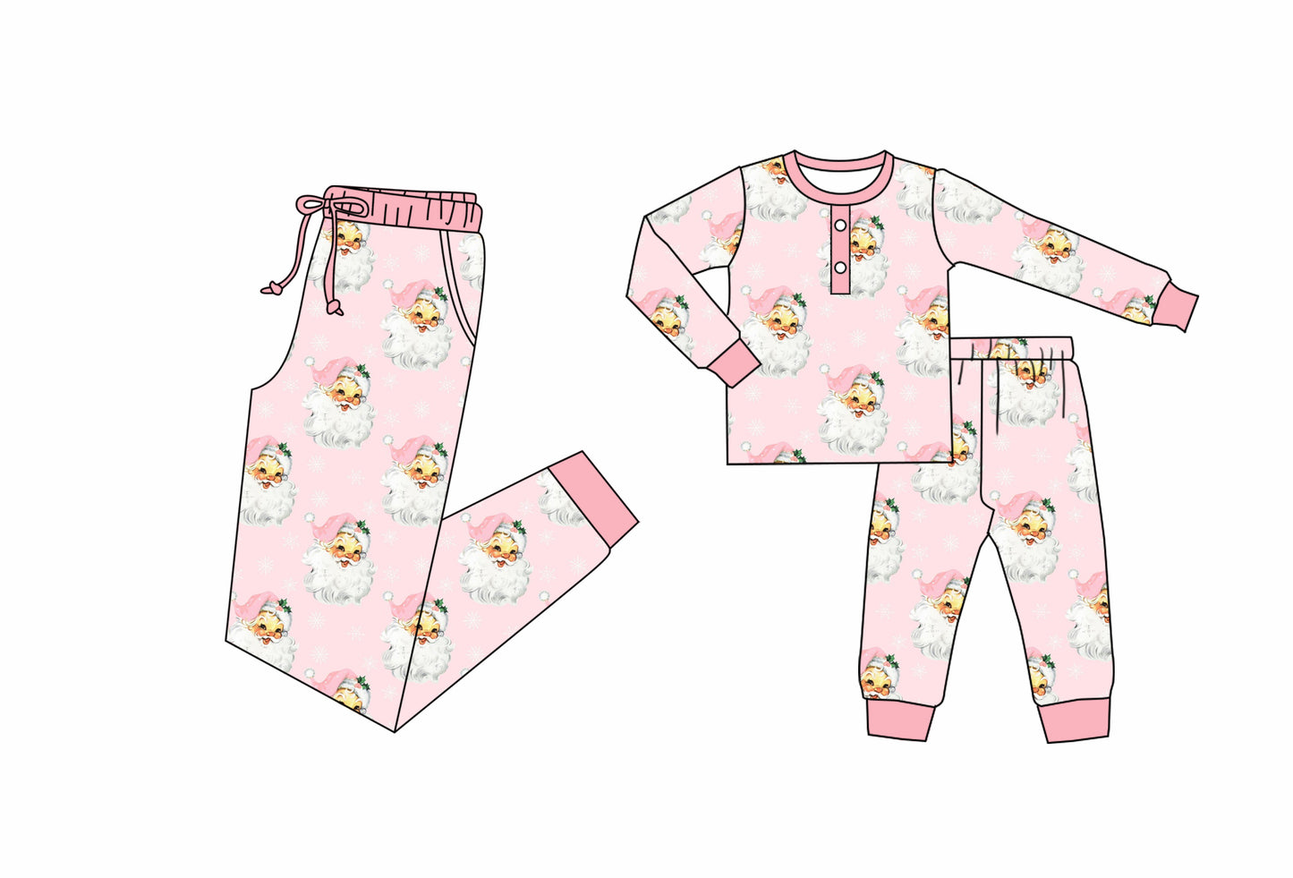 (Custom Design Preorder MOQ 5 Each Item)Pink Santa Print Pajamas Mom and Me Christmas Matching Clothes
