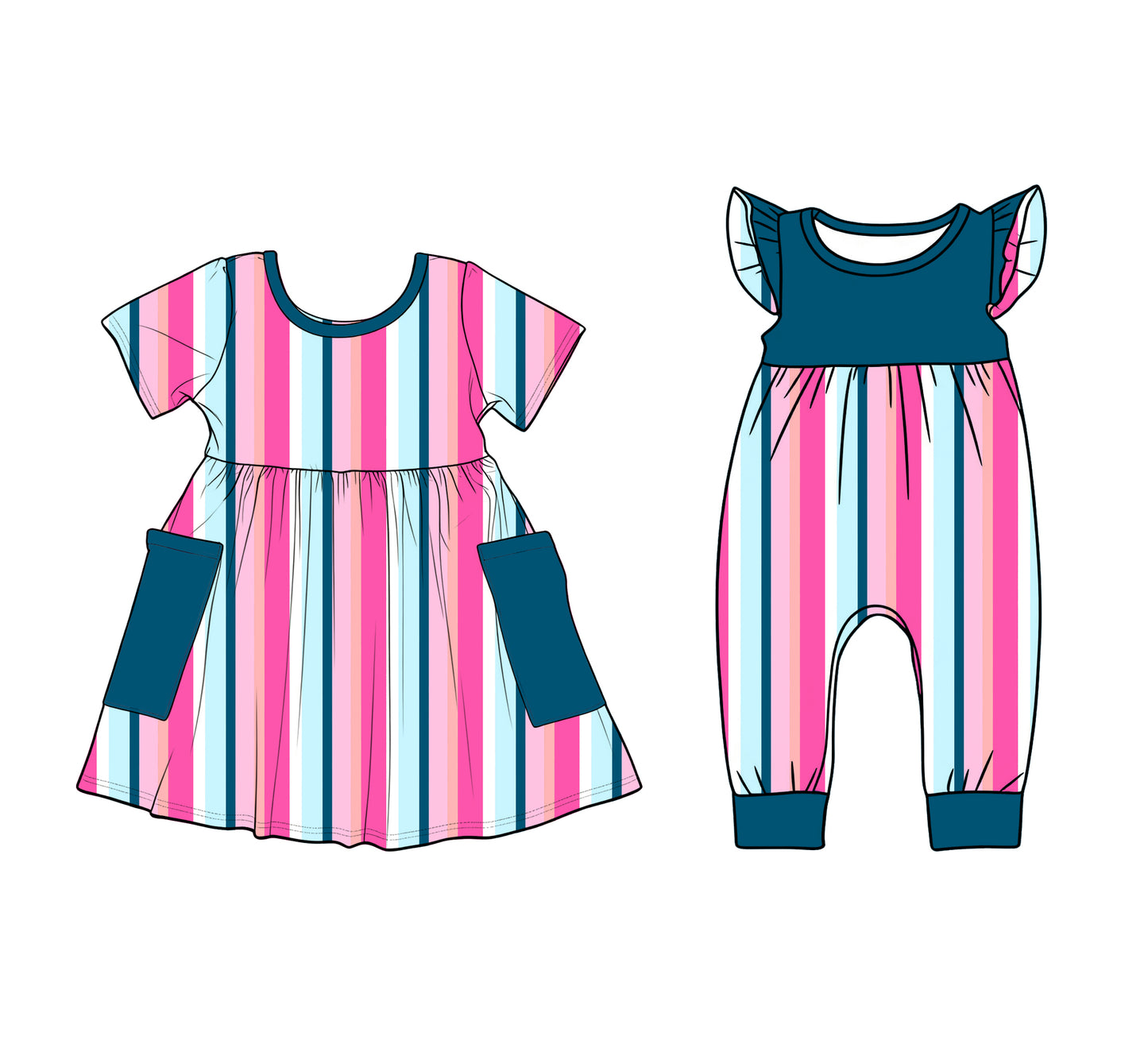 12.9 (Custom Design Preorder MOQ 5 Each Design) Pink Stripes Print Girls Summer Matching Clothes Sisters Wear