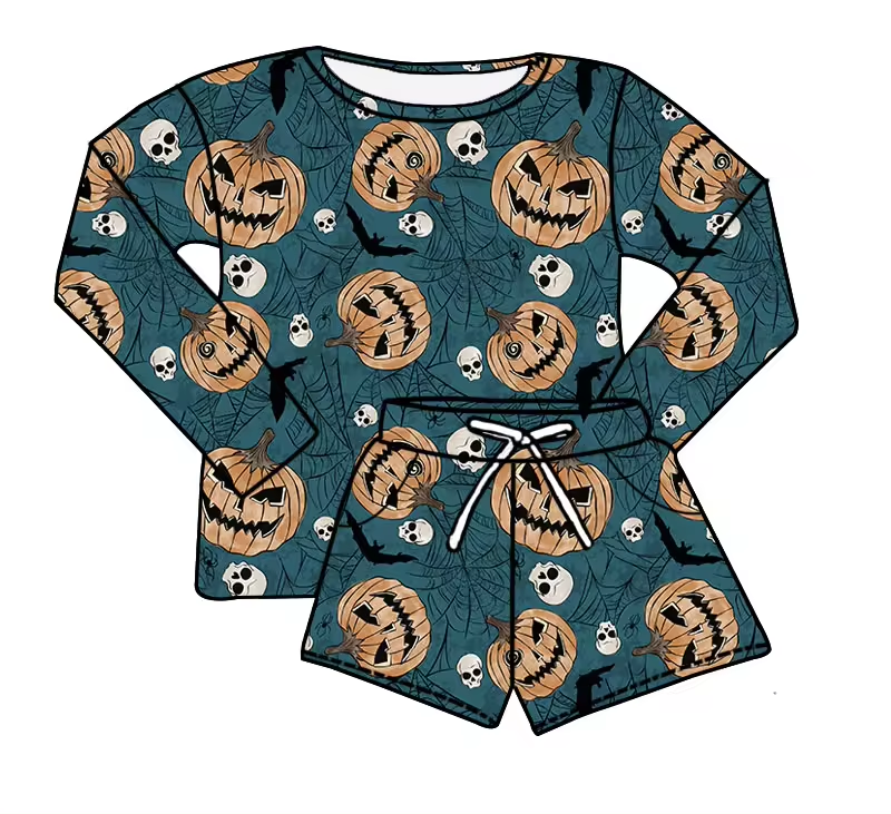 (Custom Design Preorder MOQ 5)  Pumpkin Bat Long Sleeve Top Shorts Girls Halloween Clothes Set