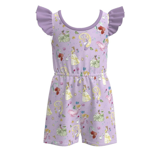 (Custom Design Preorder MOQ 5) Cartoon Princess Print Girls Summer Jumpsuits