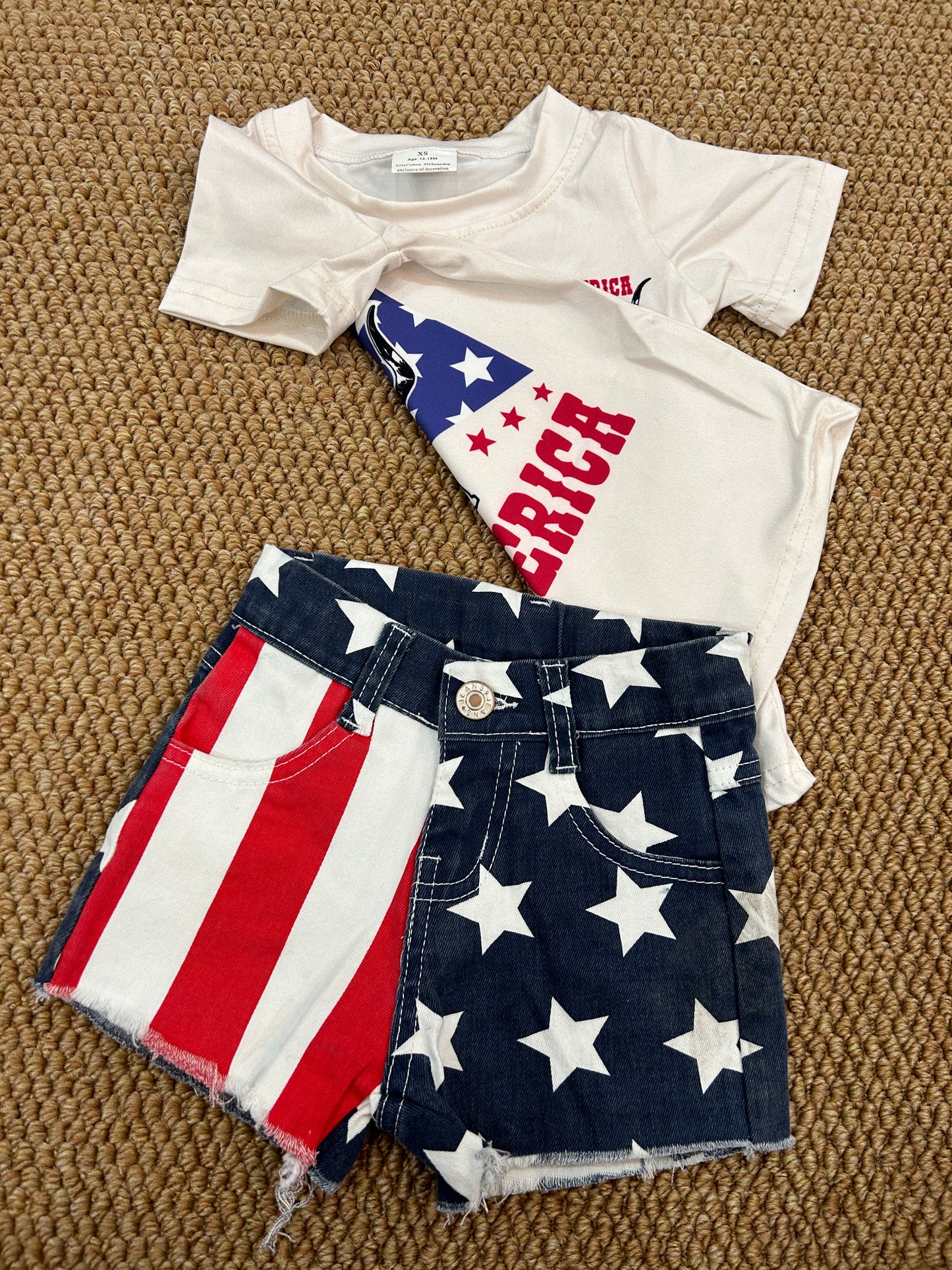 GT0465+SS0168+GB0007 Cow Skull America Top Star Red Stripes Denim Shorts Girls 3 Pieces 4th of July Outfits