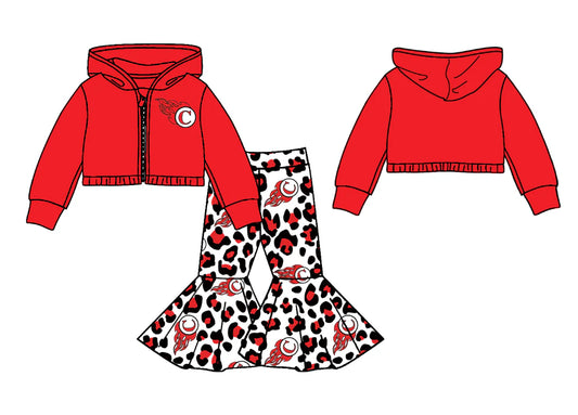 (Custom Design Preorder MOQ 5) Team's CARDINAL Print Bell Pants Hoodie Jacket Top Girls Clothes Set