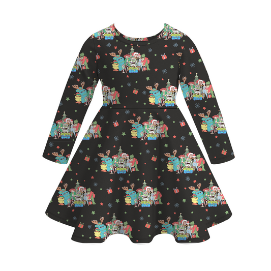 (Custom Design Preorder MOQ 5) Cartoon Toys Stars Print Girls Knee Length Christmas Dress