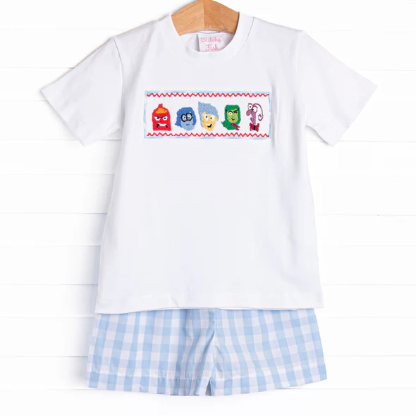 (Custom Design Preorder MOQ 5) Cartoon Figure Inside Out Top Blue Plaid Shorts Boys Summer Clothes Set