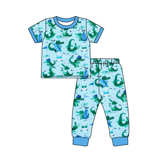 (Custom Design Preorder MOQ 5) Crocodile Golf Print Boys Bamboo Pajamas Clothes Set