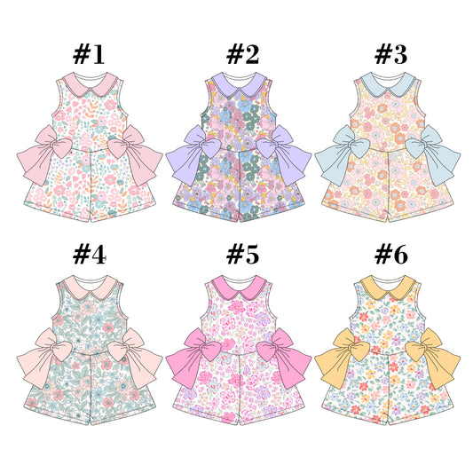 4.1(Custom Design Preorder MOQ 5 Per Item ) 6 Colors Flowers Print Girls Summer Jumpsuits Sisters Wear