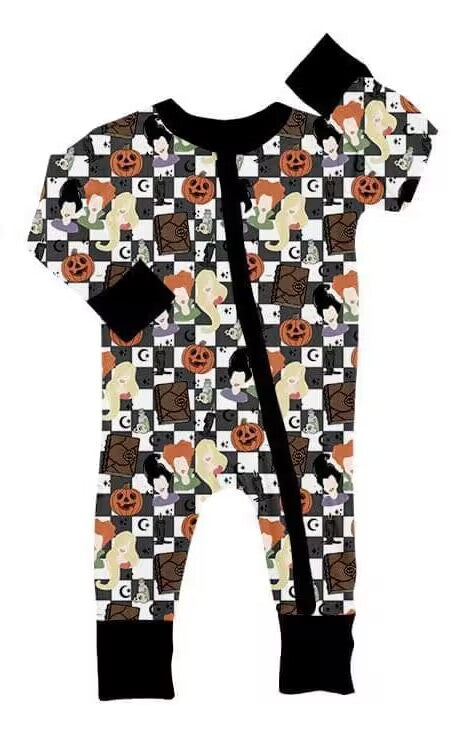 (Custom Design Preorder MOQ 5) Witches Pumpkin Print Baby Girls Halloween Sleeper Zipper Romper