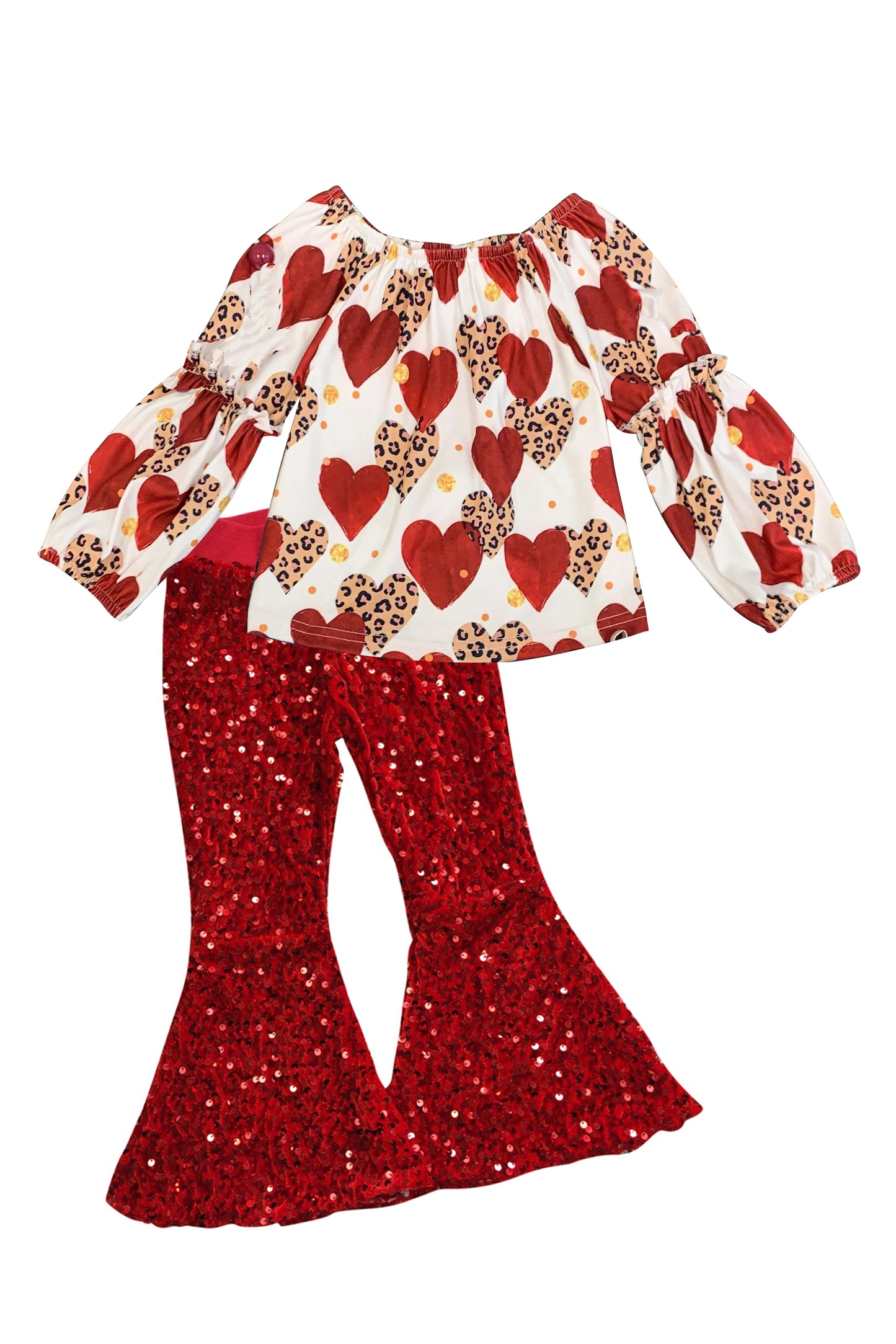 (Custom Design Preorder MOQ 5) Heart Top Red Sequin Pants Girls Valentine's Clothes Set