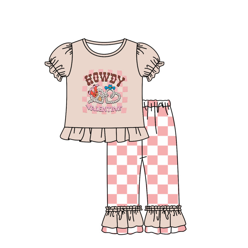 (Custom Design Preorder MOQ 5) Howdy Pink Plaid Top Ruffle Pants Girls Valentine's Day Clothes Set