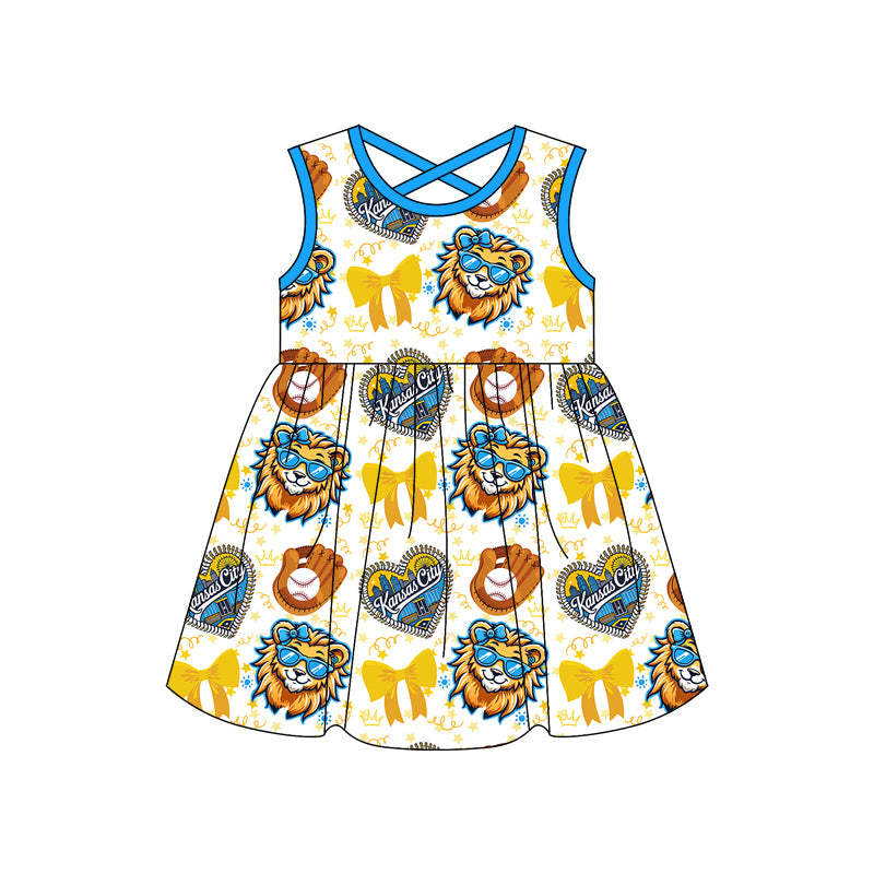 (Custom Design Preorder MOQ 5) KANSAS CITY Bows Print Girls Summer Knee Length Dress