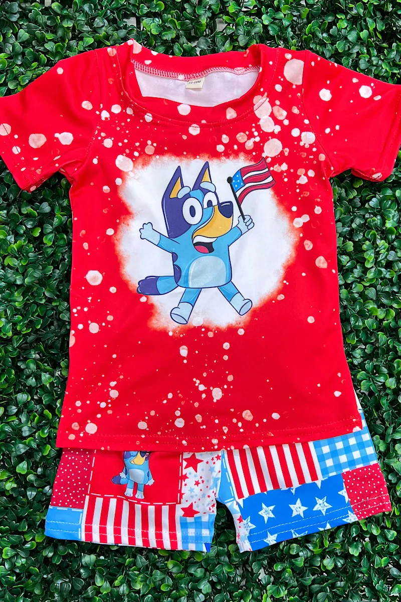 (Custom Design Preorder MOQ 5) Cartoon Dog Red Print Boys 4th of July Clothes Set