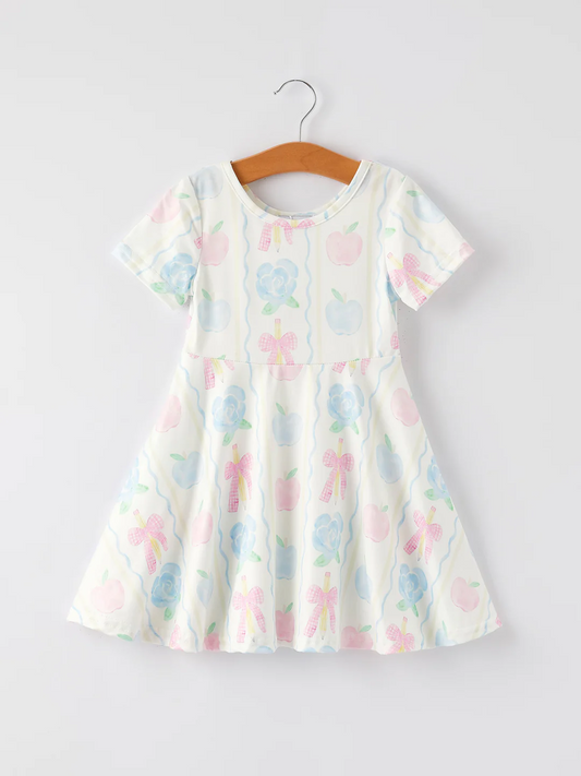 (Custom Design Preorder MOQ 5) Pen Bows Apple Print Girls Back to School Knee Length Dress