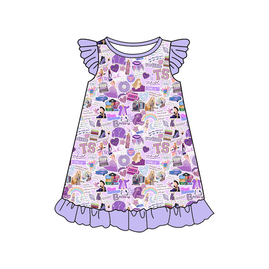 (Custom Design Preorder MOQ 5) Purple Singer Print Girls Summer Knee Length Dress