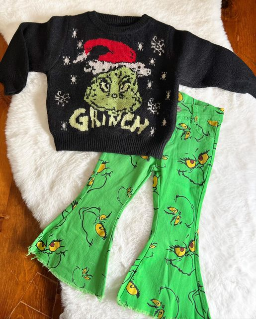 GLP1069 Black Christmas Frog Print Sweater Top Denim Bell Jeans Girls Clothes Set