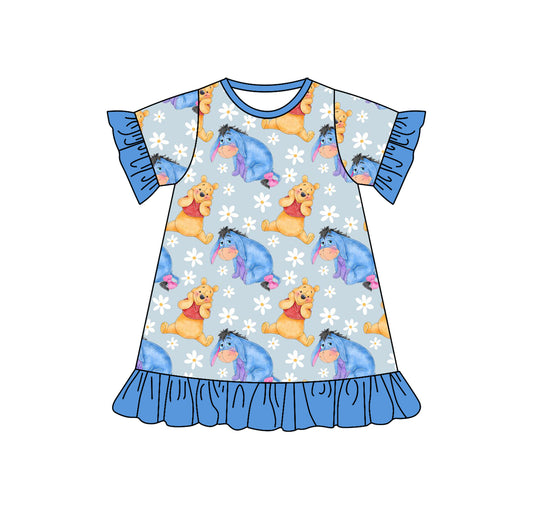 (Custom Design Preorder MOQ 5) Cartoon Animals Flowers Print Girls Summer Knee Length Dress