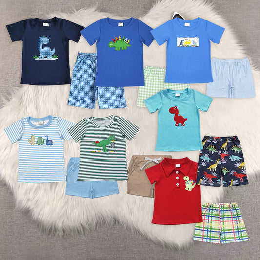Dino Embroidery Top Shorts Boys Summer Clothes Set Brothers Wear