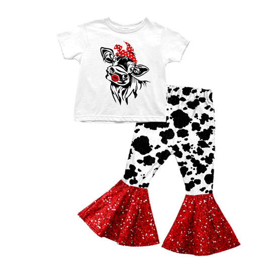 (Custom Design Preorder MOQ 5) Heifer Top Sequin Ruffle Bell Pants Girls Western Clothes Set