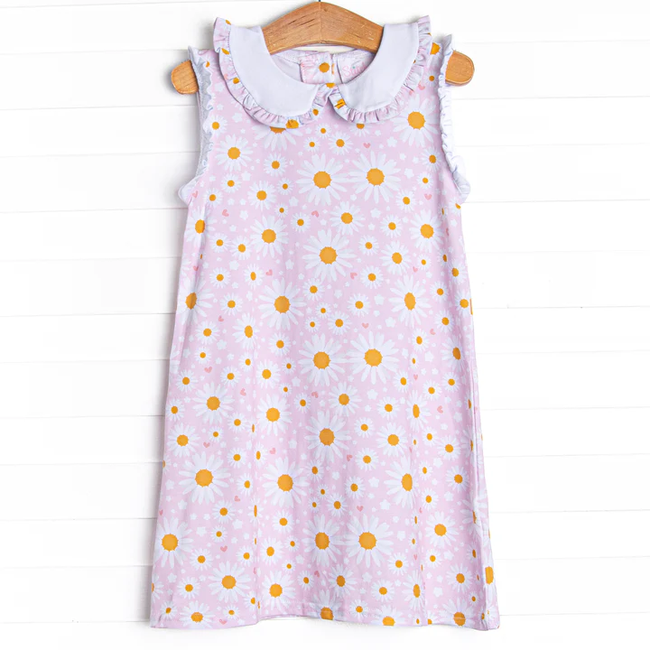 (Custom Design Preorder MOQ 5)  Pink Daisy Print Girls Knee Length Summer Dress