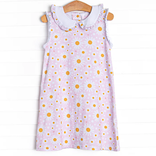 (Custom Design Preorder MOQ 5)  Pink Daisy Print Girls Knee Length Summer Dress