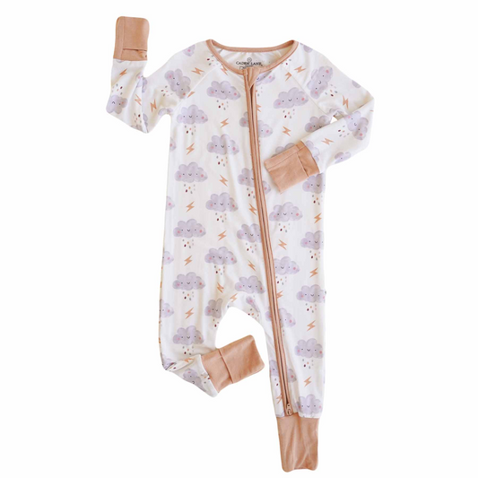 (Custom Design Preorder MOQ 5)  Rainning Print Baby Girls Bamboo Fall Sleeper Zipper Romper