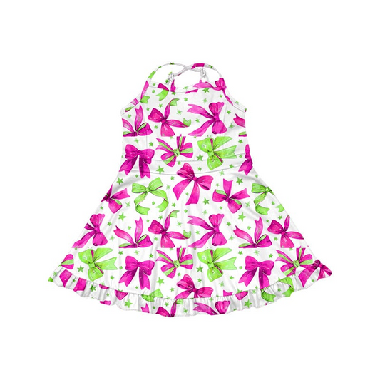 (Custom Design Preorder MOQ 5 ) Pink Green Bows Print Shorts Skirts Girls Summer Yoga Dress