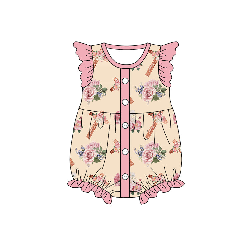 (Custom Design Preorder MOQ 5) Cross Flowers Print Baby Girls Easter Romper