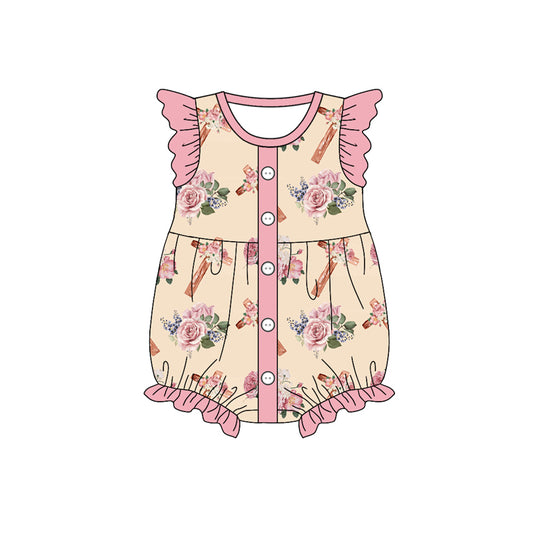 (Custom Design Preorder MOQ 5) Cross Flowers Print Baby Girls Easter Romper