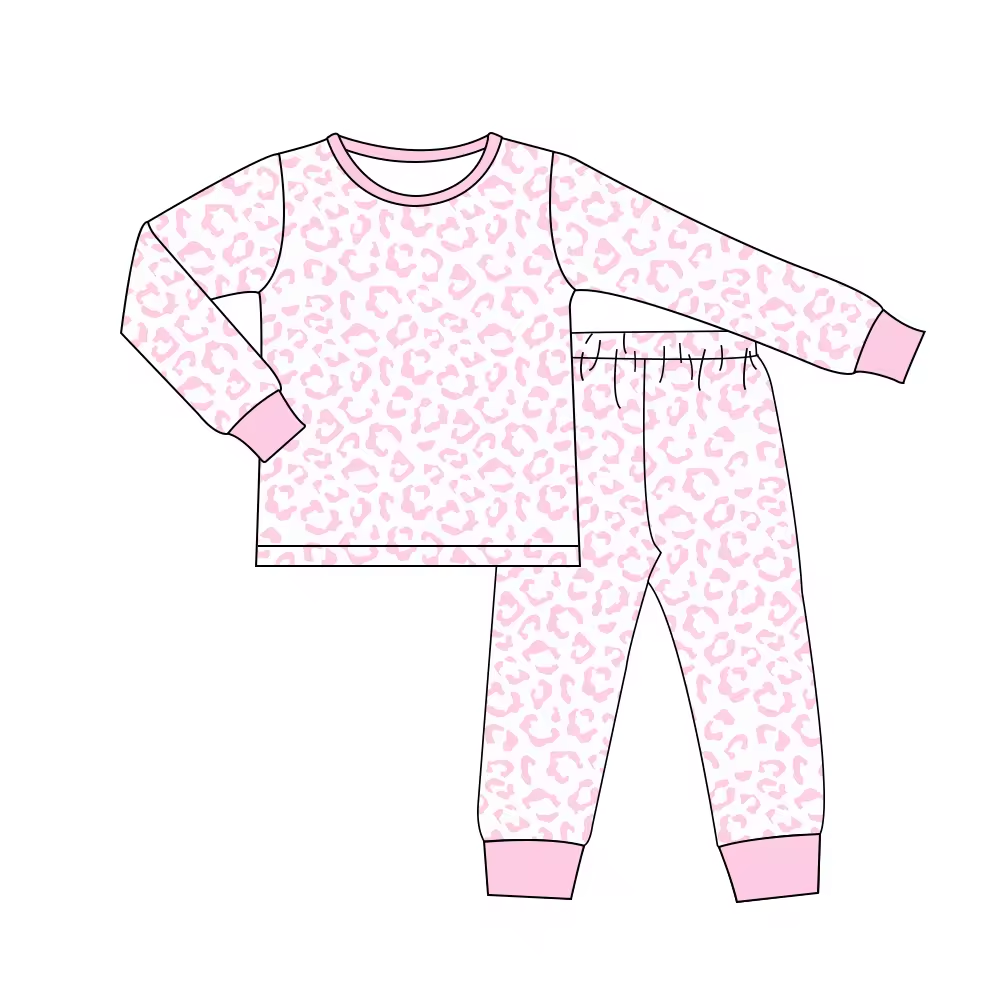 (Custom Design Preorder MOQ 5)  Pink Leopard Print Girls Fall Pajamas Clothes Set