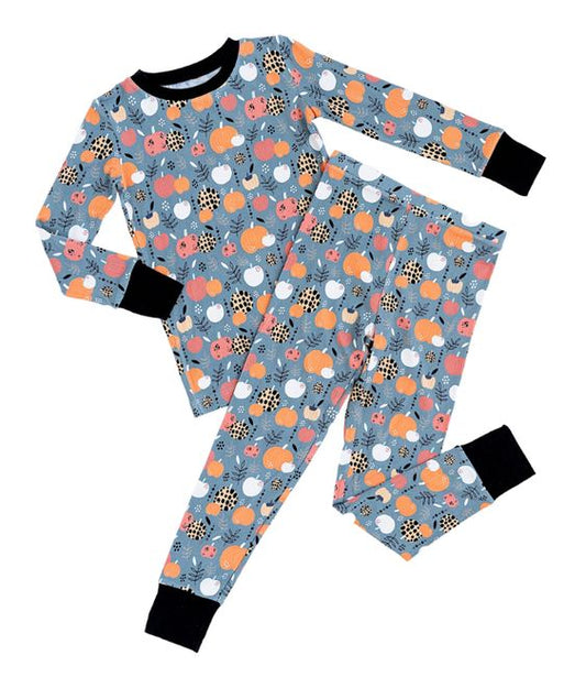 (Custom Design Preorder MOQ 5)  Pumpkin Gray Print Girls Fall Pajamas Clothes Set